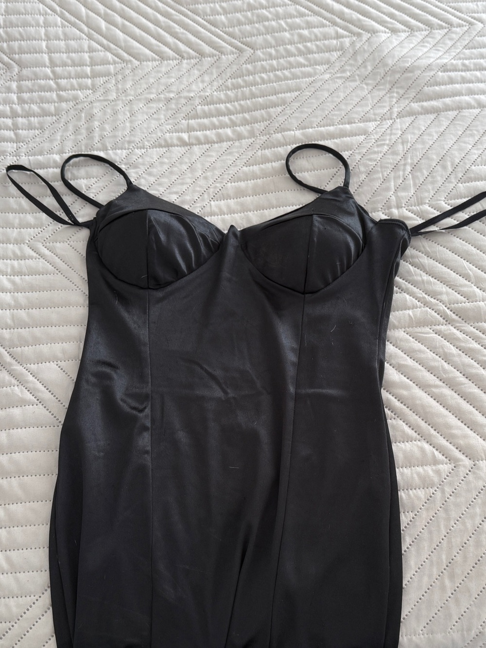 Sleek Black Satin Midi Slip Dress with Structured Cups